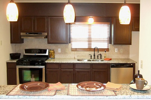 view over the breakfast bar into the updated kitchen