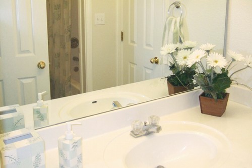 guest bathroom with linen storage