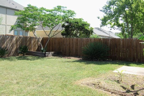 patio and large, privacy-fenced yard turns green in the spring